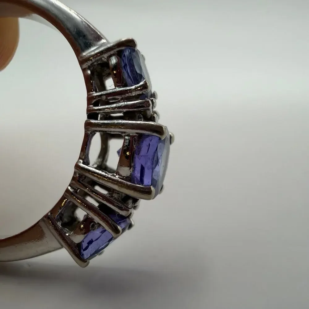 14K White Gold Tanzanite & Diamond Accent 3-Stone STS Past Present Ring Size 7